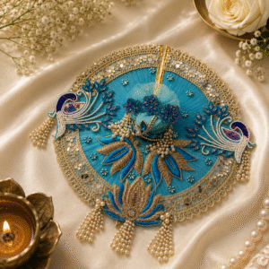 Premium Sky Blue Designer Laddu Gopal Vastra with Mukut & Peacock Embroidery – Handmade Festival Dress