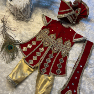 Royal Maroon & Gold Designer Ganshyam Maharaj Vastra with Matching Safa & Shawl – Premium Handmade Divine Dress Set