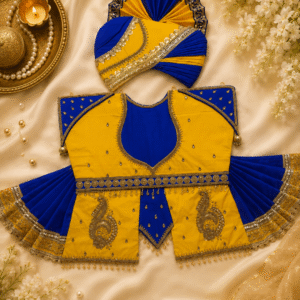 Yellow & Royal Blue Peacock Motif Poshak Set with Fan Pagdi – Golden Beaded Salangpur Vastra