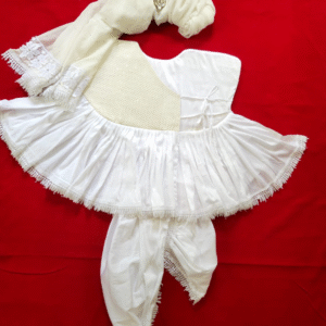 Simple White Cotton Poshak Set with Lace Border & Feather Turban – Handcrafted Salangpur Vastra