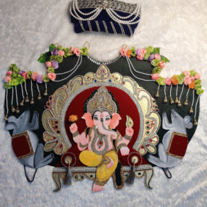 Lord Ganesha Hand-Painted Decorative Backdrop with Matching Pearl Pagdi/Turban – Elephant Motif Ganpati Idol Décor Set