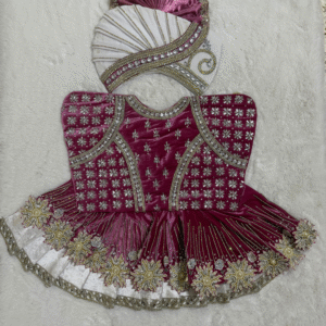 Maroon & Gold Beaded Fan Crown & Collar Set – Handcrafted Krishna/Kanha Deity Poshak Accessories