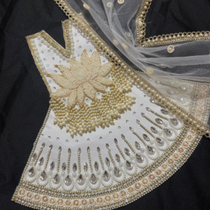 Handcrafted White Pearl Mata Rani Vastra Set – Premium Embroidered Poshak with Net Dupatta for Devi Idol