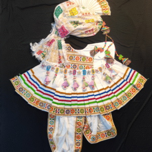 White Multicolor Embroidered Rajasthani Poshak Set with Fan Pagdi – Traditional Ghagra Choli Deity Dress with Dhoti