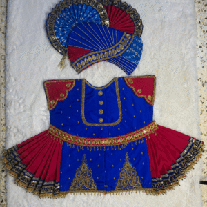Royal Blue & Maroon Silk Poshak Set with Fan Pagdi – Golden Beaded Krishna/Kanha Deity Dress