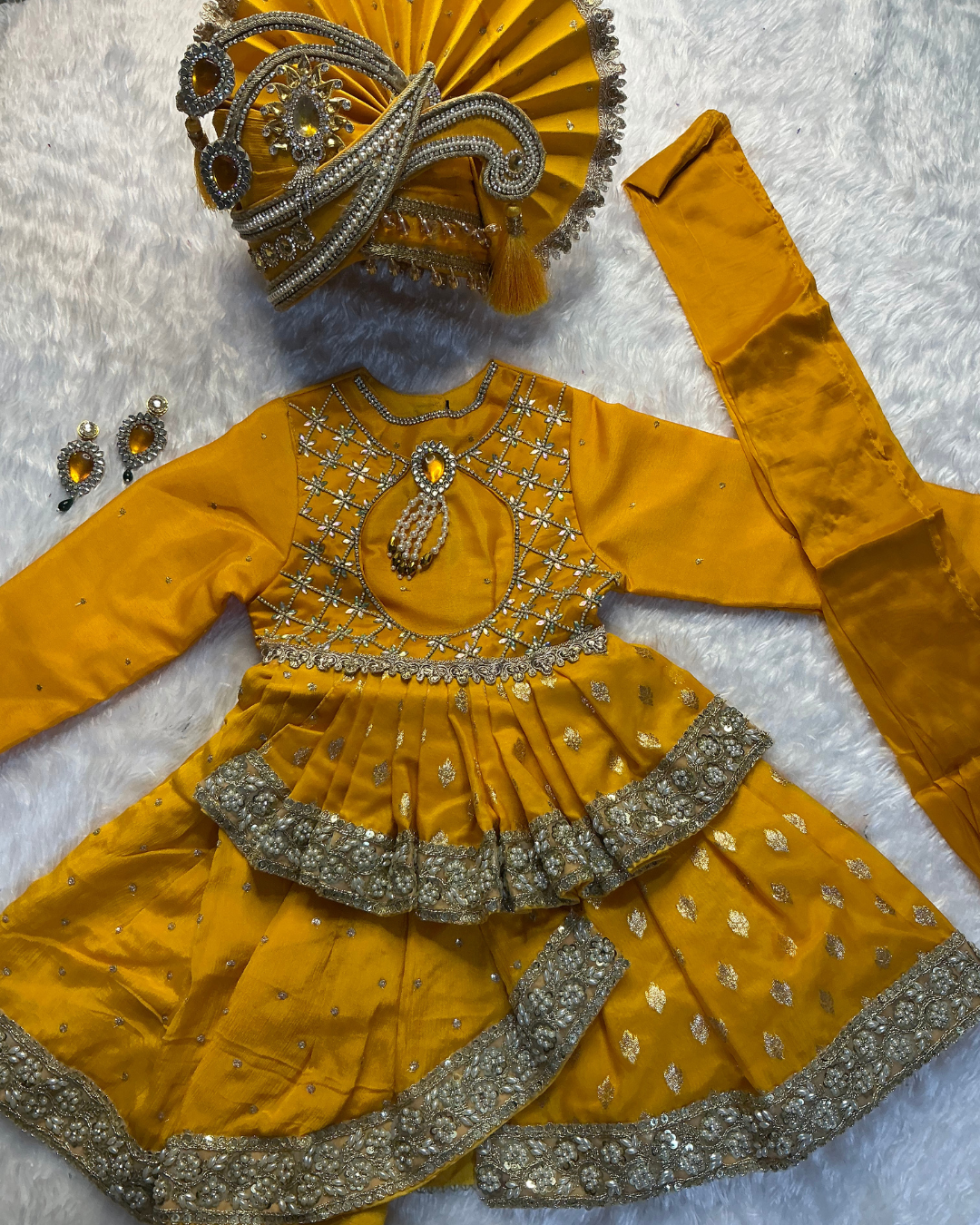 Premium Mustard Yellow Ghanshyam Maharaj Vastra | Handcrafted Silk Shringar Dress for Home Temple
