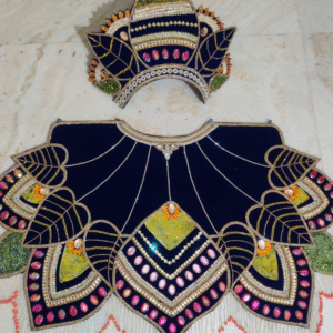 Navy Blue Velvet Peacock-Style Crown & Collar Set with Pink Stones and Beaded Fringe – Deity Mukut & Necklace Costume Set