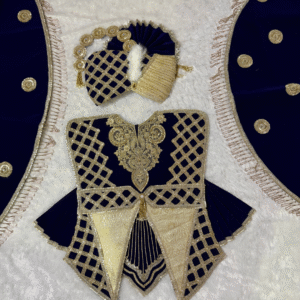 Navy Blue & Gold Lattice Poshak Set with Feather Turban – Handcrafted Salangpur Vastra