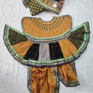 Multicolor Mirror Work Poshak Set with Fan Pagdi – Traditional Krishna/Kanha Deity Dress with Dhoti (Mustard, Olive & Black)