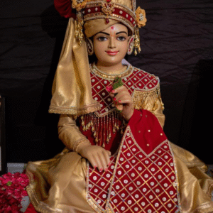 Premium Royal Gold & Red Ghanshyam Maharaj Vastra | Handcrafted Silk Shringar Dress with Pagdi & Decorative Shawl for Home Temple
