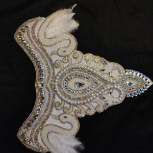Silver & White Crystal Beaded Crown with Feather Accents – Handcrafted Pearl Rhinestone Tiara for Deity/Stage Costume