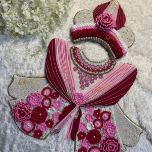 Pink & Maroon Crochet Floral Poshak Set with Pearl Crown – Handcrafted Salangpur Vastra