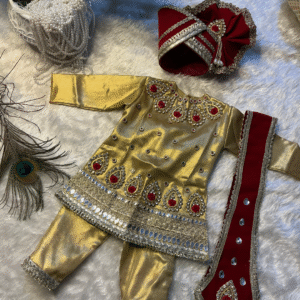 Premium Golden Ghanshyam Maharaj Vastra | Handcrafted Silk Shringar Dress with Pagdi & Dupatta for Home Temple