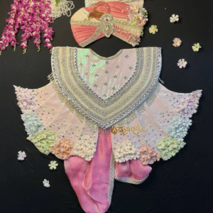 Pastel Multicolor Floral Applique Poshak Set with Fan Pagdi – Silver Stone Embellished Salangpur Vastra