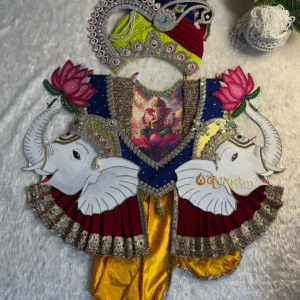 Elephant Motif Ganesh Print Poshak Set with Peacock Crown – Handcrafted Lotus Embellished Salangpur Vastra