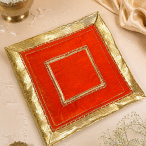Premium Orange Velvet Pooja Chowki Cloth (Aasan) with Golden Border