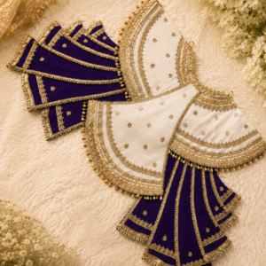 White & Navy Blue Embroidered Poshak Set with Golden Beaded Border – Traditional Krishna/Kanha Deity Dress