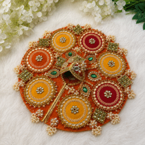 Premium Orange Designer Laddu Gopal Vastra Set with Mukut & Bansuri | Handmade Krishna Shringar Dress