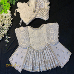 Ivory White Pearl Beaded Poshak Set with Feather Turban – Floral Embroidered Krishna/Kanha Salangpur Vastra