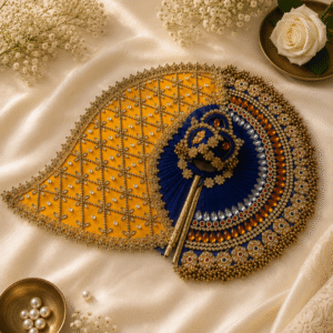 Royal Blue & Yellow Laddu Gopal Vastra Set with Designer Mukut & Bansuri | Premium Handmade Krishna Shringar Dress