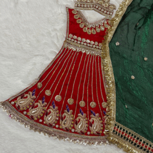 Royal Red Designer Mata Rani Vastra Set with Green Dupatta, Mukut & Heavy Hand Embroidery