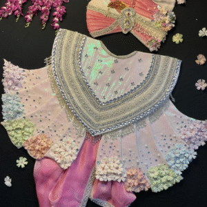 Pastel Multicolor Floral Applique Poshak Set with Fan Pagdi – Silver Stone Embellished Salangpur Vastra