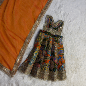 Premium Handmade Mata Rani Vastra with Embroidered Lehenga, Choli & Dupatta – Orange Designer Poshak for Devi Idol