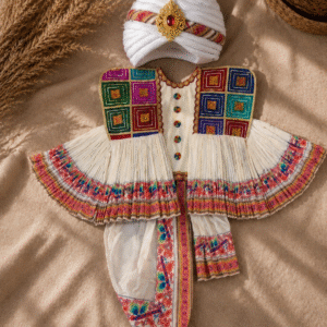 White Ivory Multicolor Patchwork Poshak Set with Feather Turban – Traditional Krishna/Kanha Deity Dress with Bandhani Dhoti