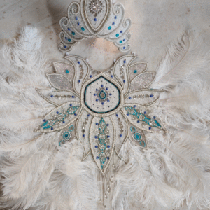 Silver Beaded Crown & Feather Collar Costume Set – Crystal Embellished Showgirl/Samba Headpiece with Ostrich Feather Neckpiece