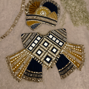 Navy Blue & Mustard Mirror Work Poshak Set with Fan Pagdi – Traditional Krishna/Kanha Deity Dress