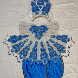 Blue & White Peacock Feather Crown Poshak Set for Laddu Gopal/Krishna – Handcrafted Embroidered Deity Dress with Mukut