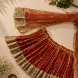 Shree Mata Raani Rust Orange Velvet Vastra with Golden Zari Border & Dupatta